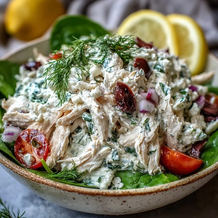 Bright Mediterranean Tzatziki Chicken Salad featuring cherry tomatoes, feta, and Kalamata olives for lunch.