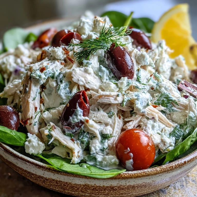 Refreshing chilled Tzatziki Chicken Salad served over spinach, perfect for a light, gluten-free dinner.