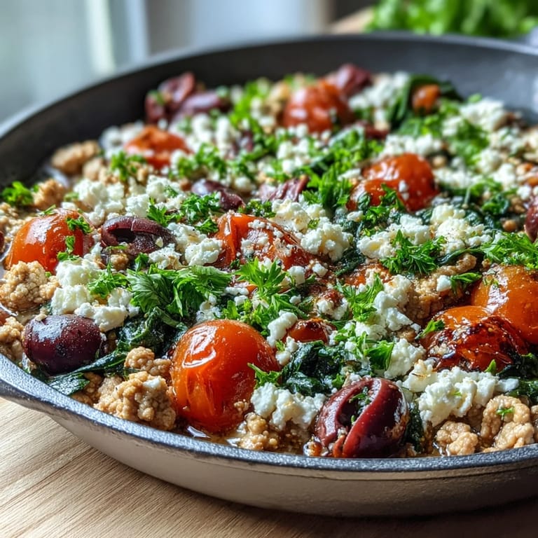 Sizzling Mediterranean Keto Ground Chicken Skillet with tomatoes and feta, ideal for a low-carb weeknight dinner.