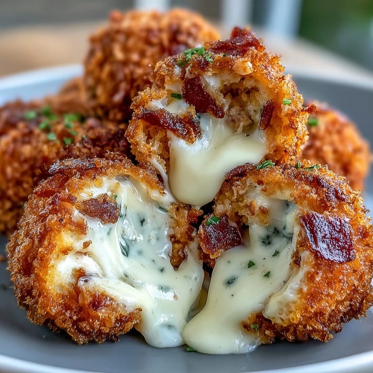 Abgelegene Buffalo Chicken Bacon Mozzarella Bombs mit zarter Füllung aus Mozzarella auf Holztisch