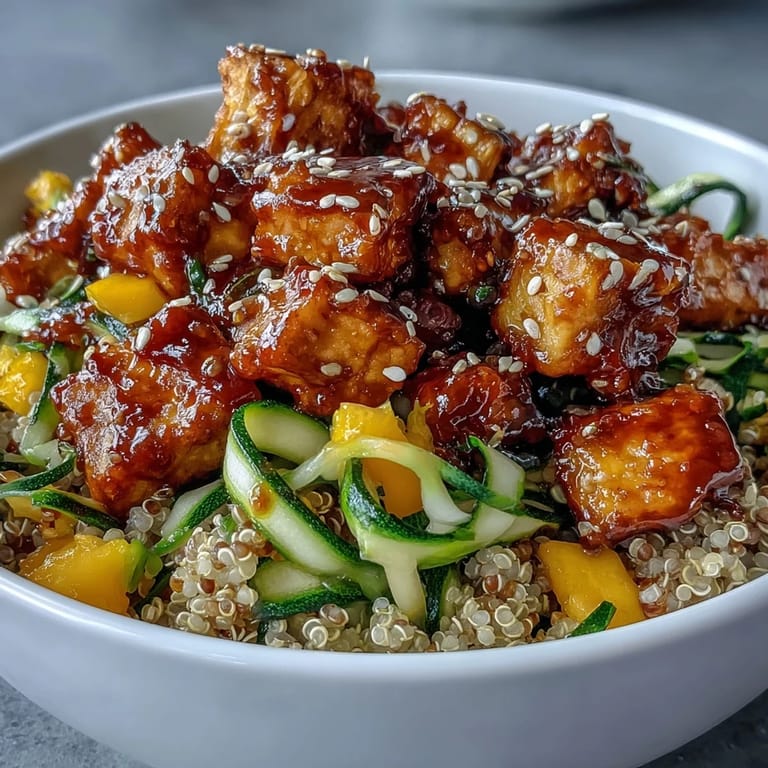 A nourishing serving of Easy Teriyaki Quinoa Bowl with fluffy quinoa, fresh spiralized vegetables, juicy mango, and toasted sesame seeds for texture.