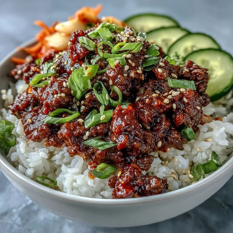 Savory Korean Beef Bowl featuring gochujang-spiced beef, fluffy white rice, and colorful quick-pickled vegetables for a balanced and flavorful meal.  