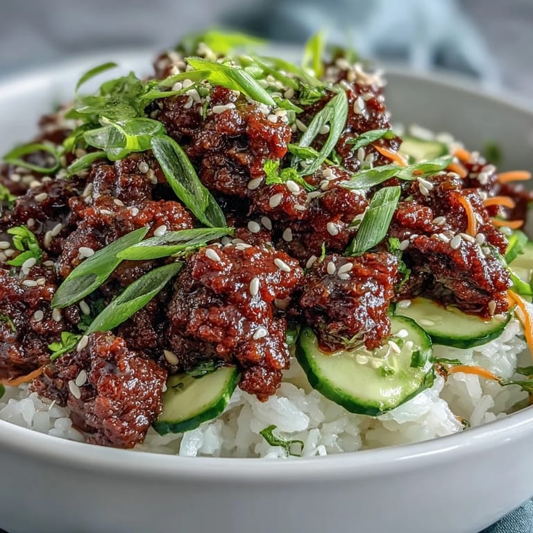 Close-up of Easy Korean Beef Bowl, savory ground beef simmered in spicy sauce, topped with green onions and kimchi