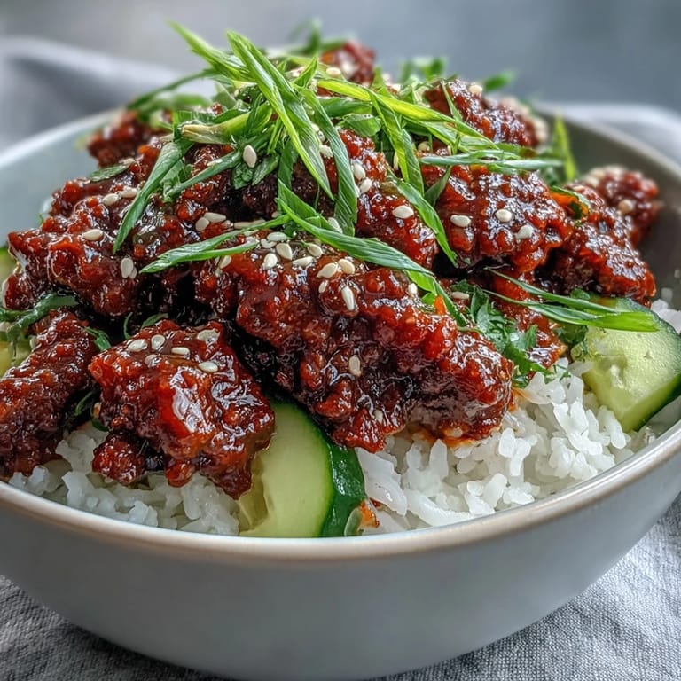 Serving suggestion for Easy Korean Beef Bowl, steaming beef mixture over rice with vibrant veggies and chili slices