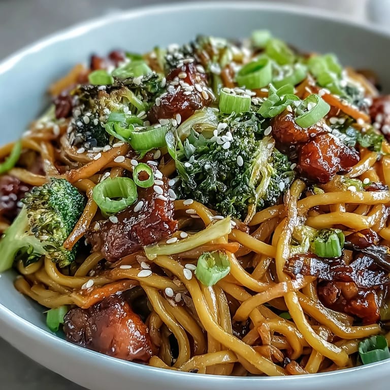Würzige Asian Teriyaki Nudelschüssel mit glasigem Saucebelag und knackigem Brokkoli am Teller