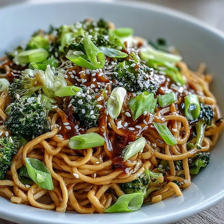Ein dampfender Topf Asian Teriyaki Nudelschüssel steht auf einer Holzplatte mit Stäbchen