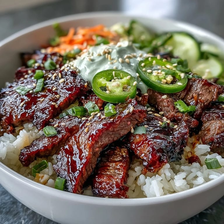 Schmackhafte Korean Beef Power Bowl mit goldbraunem Beef, frischem Gemüse und einer würzigen Sriracha-Mayo-Sauce im US-amerikanischen Stil.