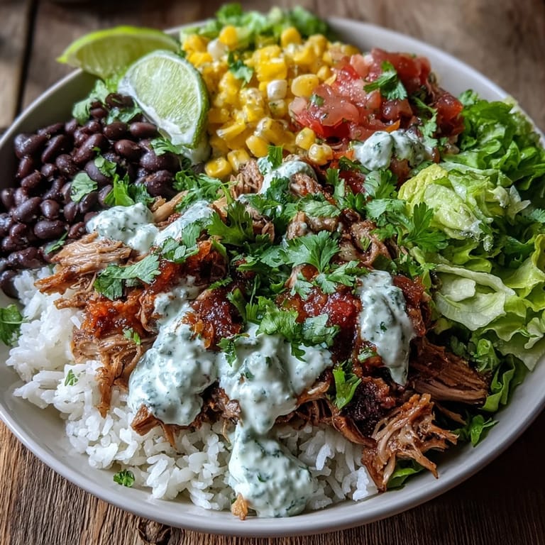 Carnitas Burrito Bowl: Ein bunter Haufen mit zarten Schweinefleischstücken und knackigem Gemüse.