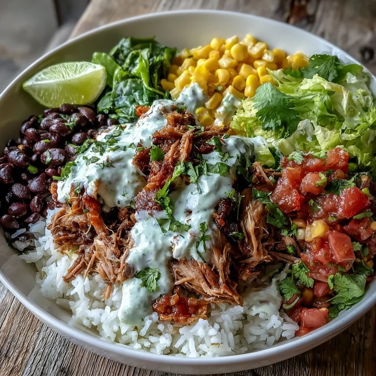 Herzhaftes Carnitas Burrito Bowl mit Reis, Bohnen und einem cremigen Limettendressing.