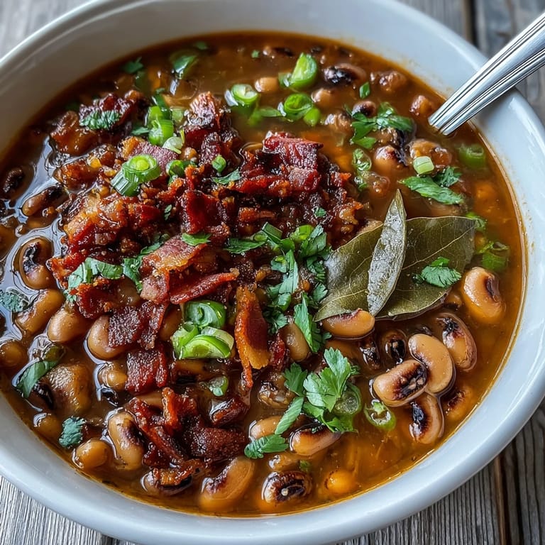 Big Pot of Texas Black-Eyed Peas beside warm cornbread, showing creamy peas with Rotel tomatoes and bacon.