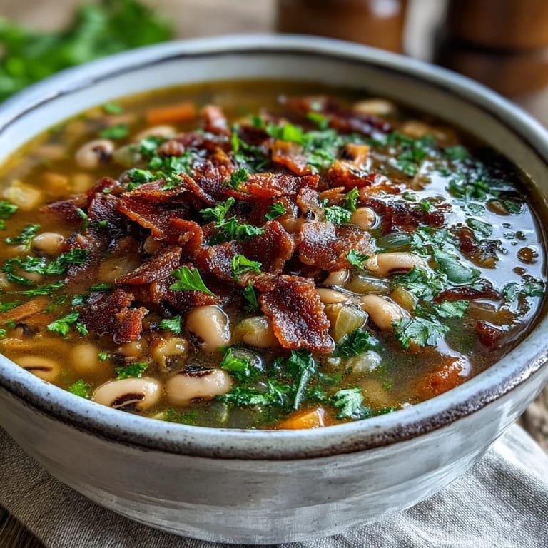 Tröstliche Schwarzaugen Erbsen und Speck Suppe, fertig zum Servieren mit goldbraunem Speck und gehackter Petersilie.