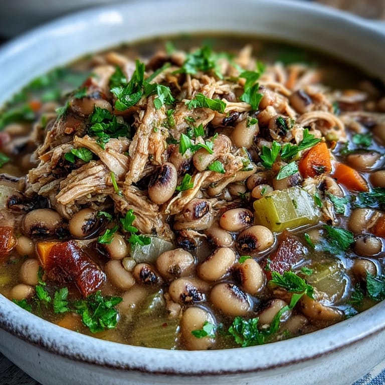 Platte mit Black-Eyed Peas, garniert mit Petersilie und einem Spritzer scharfer Sauce.