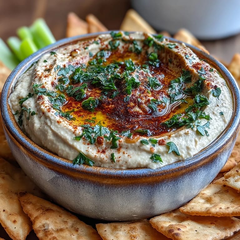 Frish zubereitete Black-Eyed Pea Hummus mit glatter Textur, Zitronensaft und Petersilie, neben knackigen Karotten und pitabrot auf Holztisch.