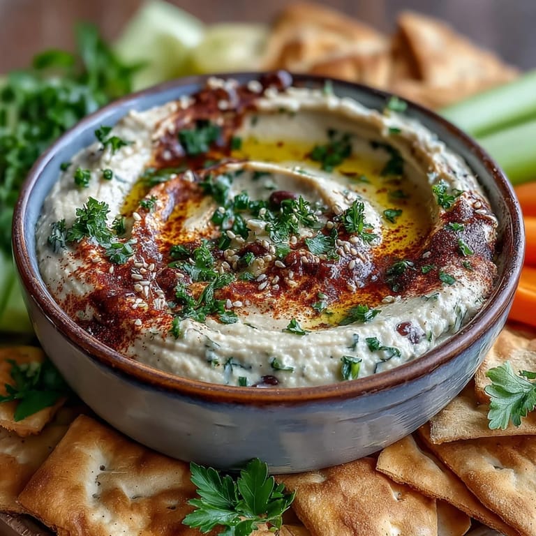Stück Black-Eyed Pea Hummus auf Gabel neben einer Schüssel, mit Rauchpaprika bestreut und petersilienbetont, ideal als Dip für Partys.