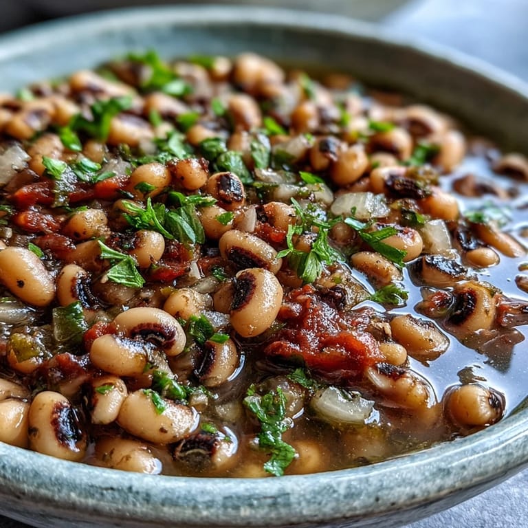 Saftige Black-Eyed Peas mit Tomaten und Kräutern auf weißem Teller, Abendessen.