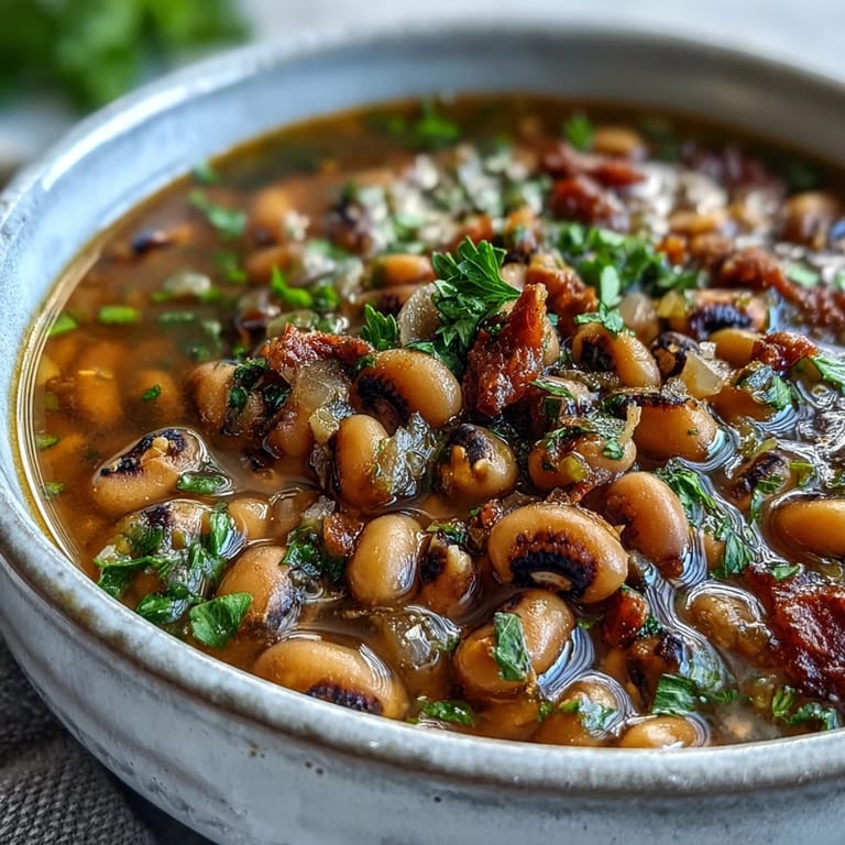 Würzige Black-Eyed Peas in rauchiger Paprika-Sauce, serviert mit hausgemachtem Maisbrot.
