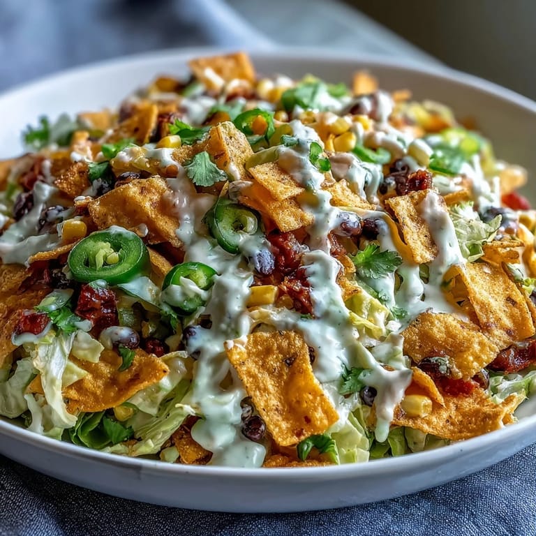 Frische Frito Cowboy Cabbage mit zitronig-saurer Chipotle-Sauce, cornigen Bohnen und knusprigen Chili Cheese Fritos, bereit für den Taco-Abend