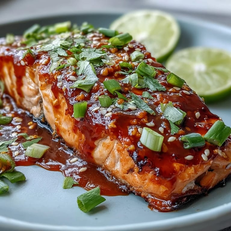 Knusprige, panierter Bang Bang Salmon im Ofen, garniert mit frischen Frühlingszwiebeln und Chili-Sauce.