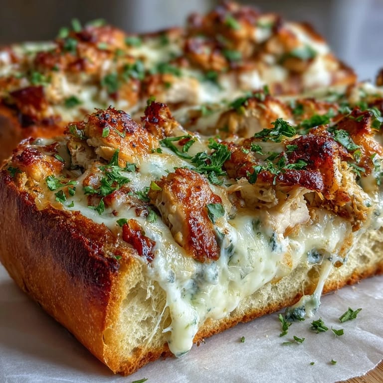 Chicken Alfredo Garlic Bread belegt mit saftigem Hähnchen und cremiger Alfredo-Soße