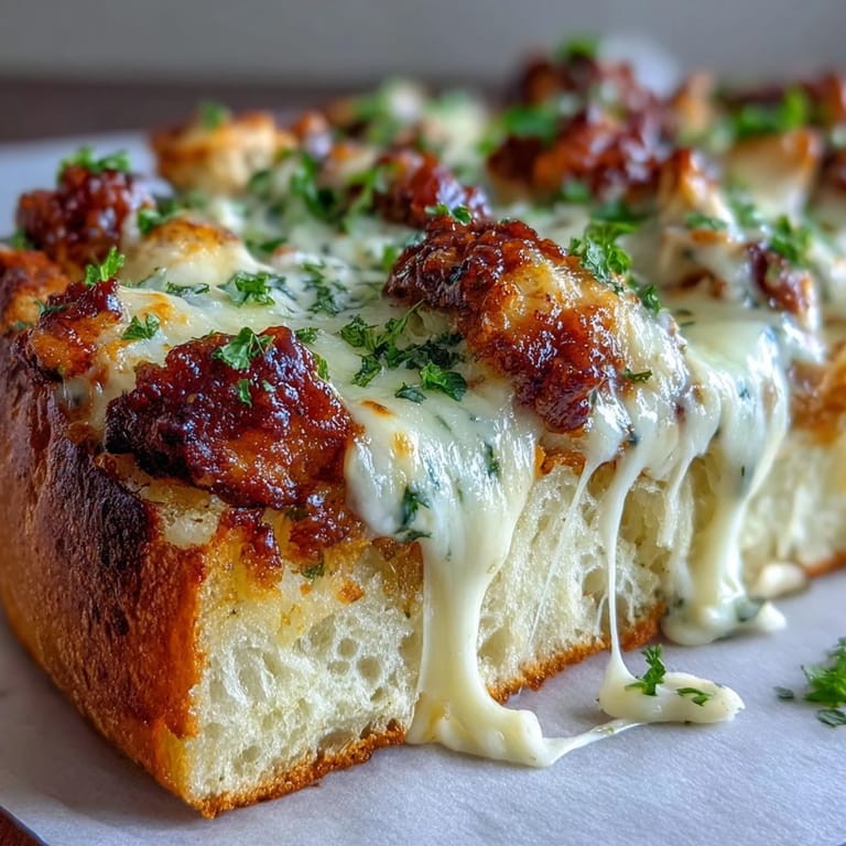 Chicken Alfredo Garlic Bread aus dem Ofen mit geschmolzenem Mozzarella und Cheddar