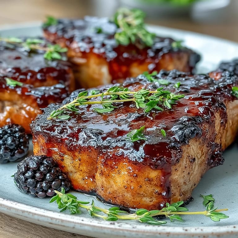 Gebratene Bourbon Blackberry Pork Chops in Pfanne, zubereitet mit Bourbon-Beeren-Glasur und Thymian.