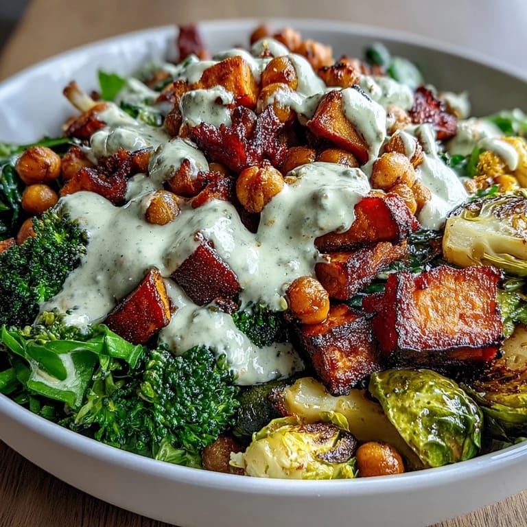 Roasted Brussels sprouts and broccoli florets piled high in Roasted Veggie & Chickpea Bowls with Maple Dijon Tahini Dressing. Golden caramelized vegetables drizzled with sweet and tangy maple mustard dressing. Served warm over fluffy quinoa for a healthy lunch.