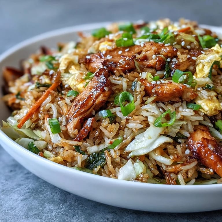 Crispy Egg Roll Fried Rice with Chicken piled high in a bowl, garnished with fresh green onions and sesame seeds for a flavorful Asian-inspired dinner.