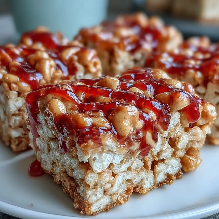 Chewy High-Protein PB&J Rice Krispie Bars with melted jelly topping, perfect for breakfast on-the-go.