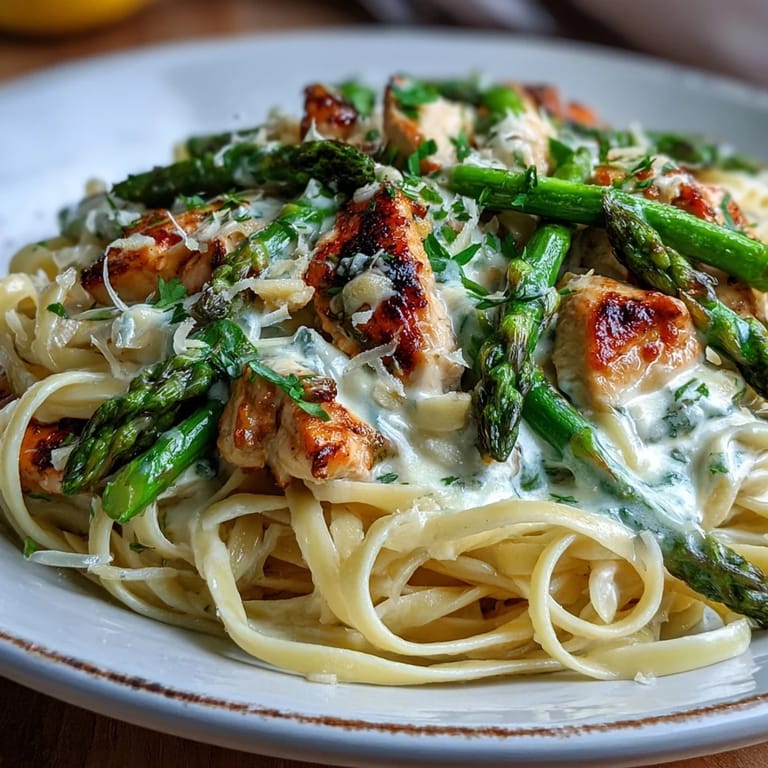 Creamy Asiago Chicken & Asparagus Pasta dampfend in cremiger Käsesauce mit Hähnchen und grüner Asparagus garniert