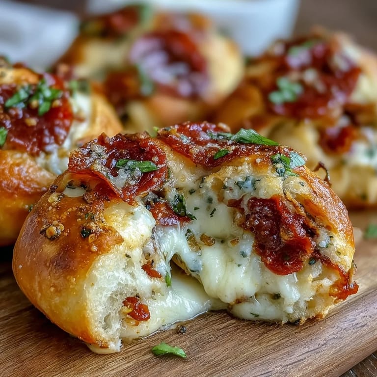 Frisch gebackene Pizza Roll Stuffed Garlic Knots mit goldenem Teig und Knoblauchbutter.