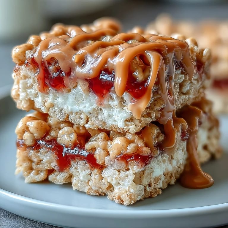 Geformte High-Protein PB&J Rice Krispie Bars mit goldbrauner Kruste, glänzender Erdnussbutter-Tropfguss und farbenfrohen Jelly-Schwüben, bereit zum Servieren.