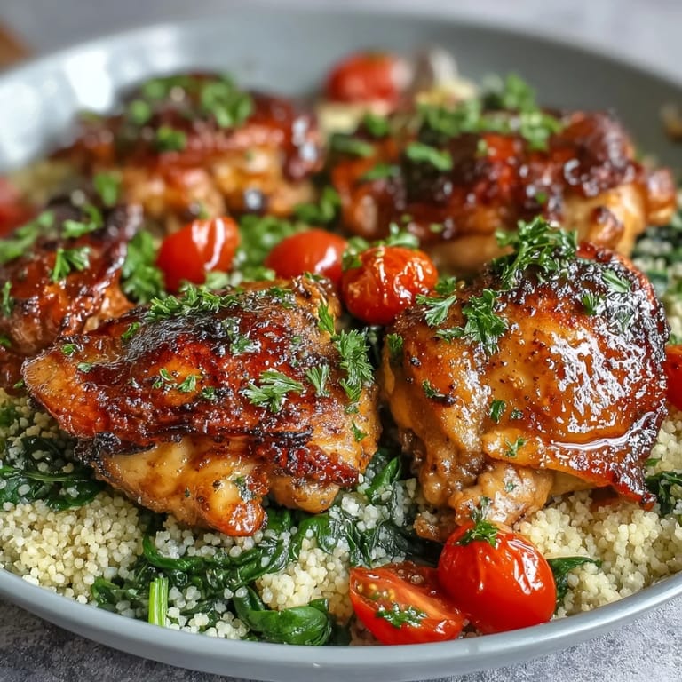 Tönerne Schüssel mit One-Pan Garlic Butter Chicken Couscous und frischen Tomaten neben Zitronenspalten.