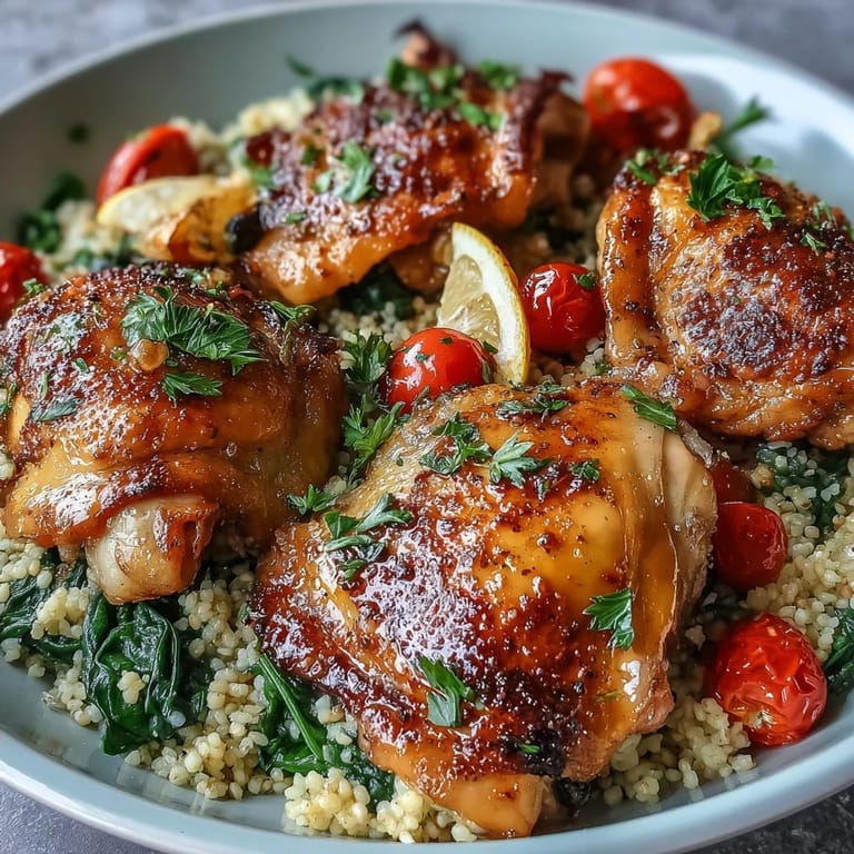 One-Pan Garlic Butter Chicken Couscous auf rustikalem Teller, belegt mit Petersilie und Spinatblättern.