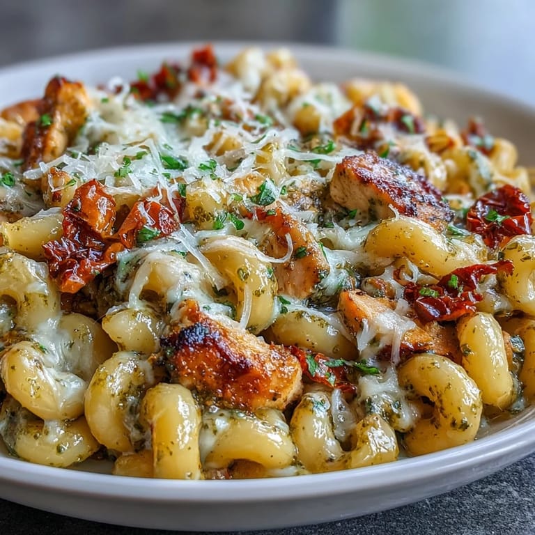 Nahaufnahme von saftigem Hähnchen und Nudeln in cremiger Pesto Chicken Chili Mac Sauce.