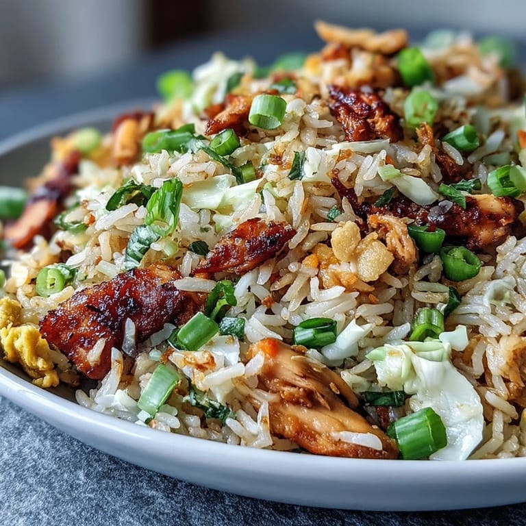 Süß-scharfe Egg Roll Fried Rice mit zartem Hähnchen, Pak Choi und Sesam-Spitzen für die Woche