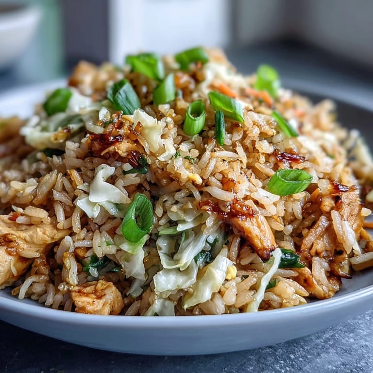 Schnelle Egg Roll Fried Rice mit knusprigem Gemüse, Rührei-Fetzen und Hähnchen, direkt aus dem Wok dampfend
