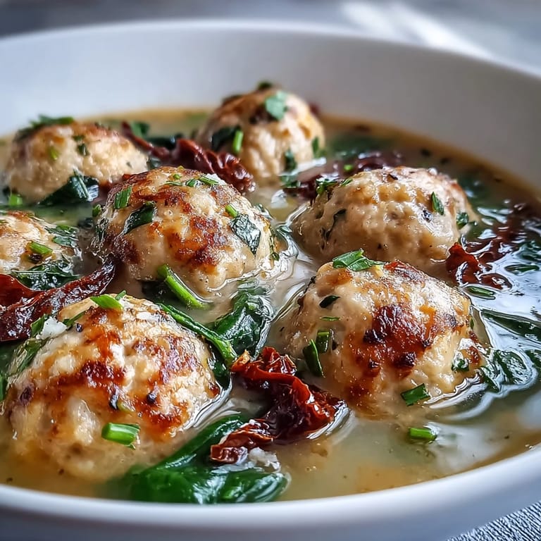 Creamy Tuscan Turkey Meatball Soup bubbling in a pot with sun-dried tomatoes and spinach, served alongside crusty bread for dipping.
