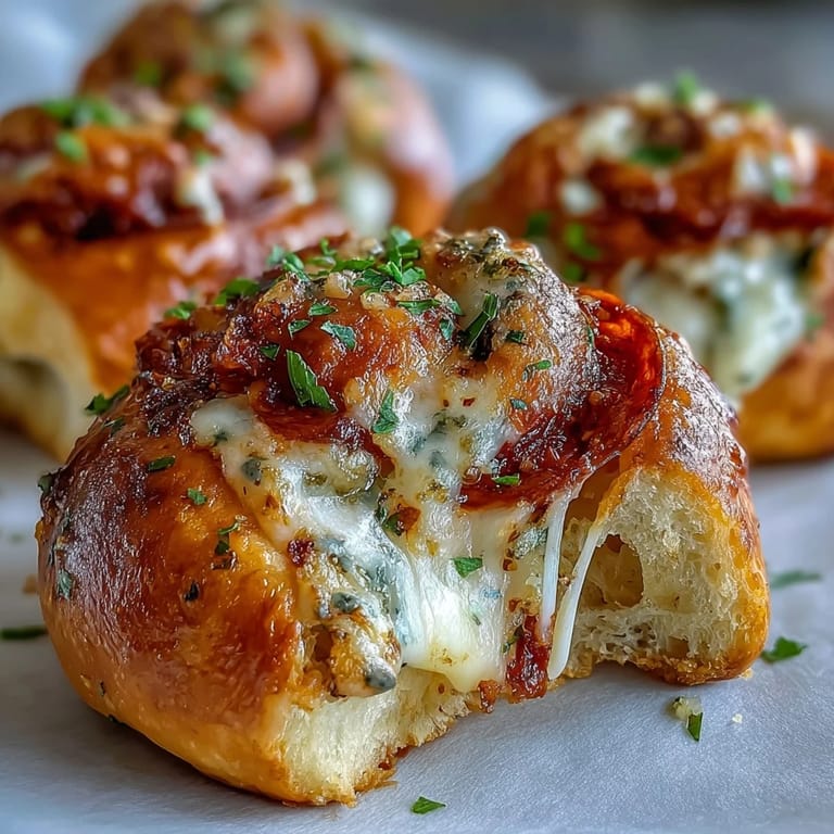 Frisch gebackene Pizza Roll Stuffed Garlic Knots, großzügig mit knoblauchhaltiger Butter bestrichen und mit Petersilie bestreut.