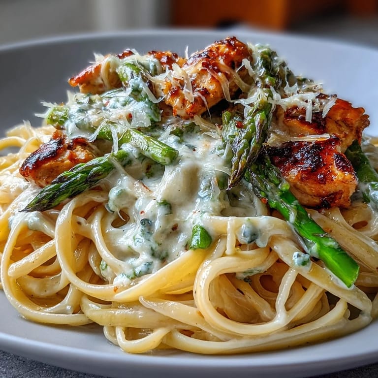 Linguine tossed in a creamy Asiago Chicken & Asparagus Pasta, garnished with parsley and extra grated cheese.