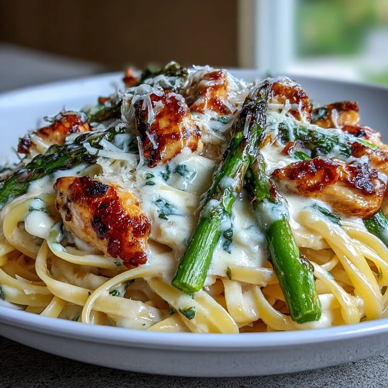 Tender chicken and crisp asparagus meet creamy Asiago Chicken & Asparagus Pasta on a warm dinner plate.