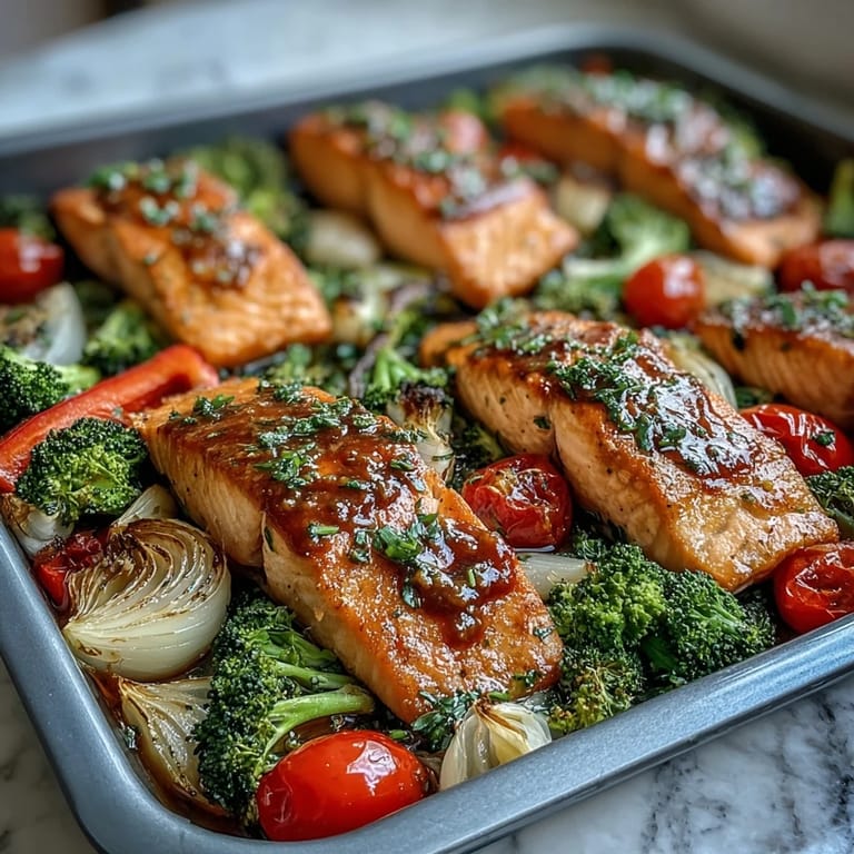 Gebackene Lachsfilets mit aromatischem Dijon-Senf und knusprigen bunten Gemüsestücken serviert.