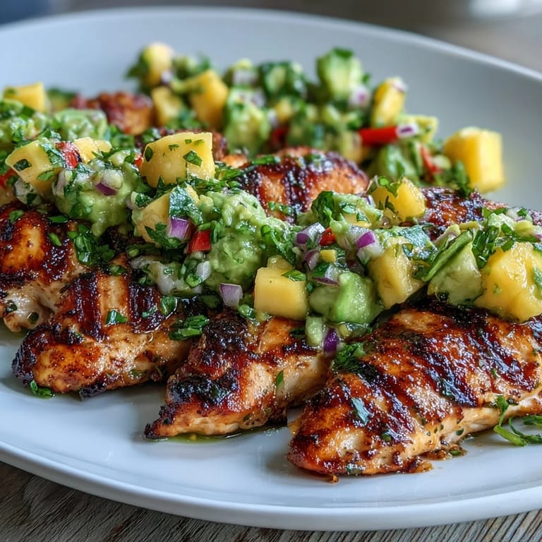 Grilled Chicken with Mango Avocado Salsa ready to serve with lime wedges.