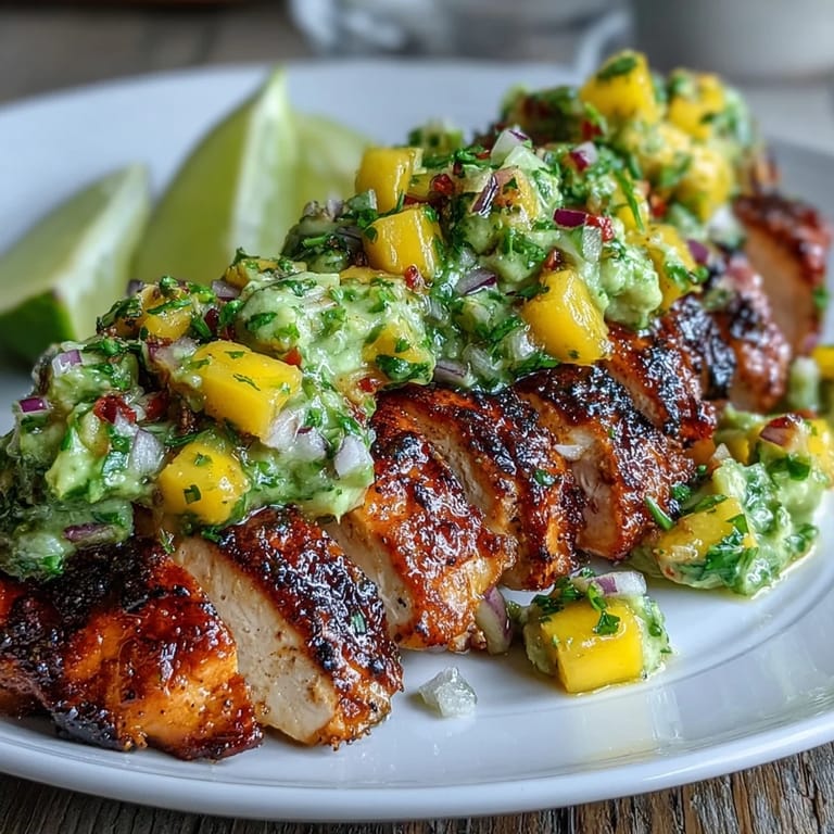 Sliced juicy chicken breasts garnished with fresh cilantro and diced avocado mango salsa.