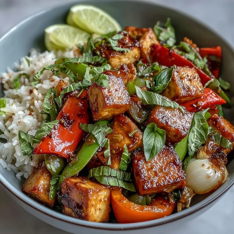 Vegan Thai Basil Tofu Stir-Fry mit golden sear Tofu und knackigem Gemüse im würzigen Sauce, garniert mit Thai Basilikum.