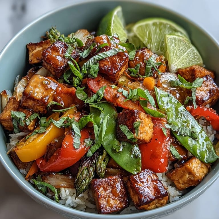 Vegan Thai Basil Tofu Stir-Fry aus der heißen Pfanne, aromatisch mit knusprigem Tofu und frischem Gemüse, belegt mit Limettenspalten.