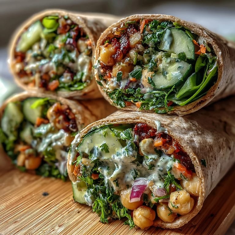 Hand holding a fresh Vegan Lemon Tahini Chickpea Wrap, drizzled with lemon tahini dressing and paired with mixed salad.