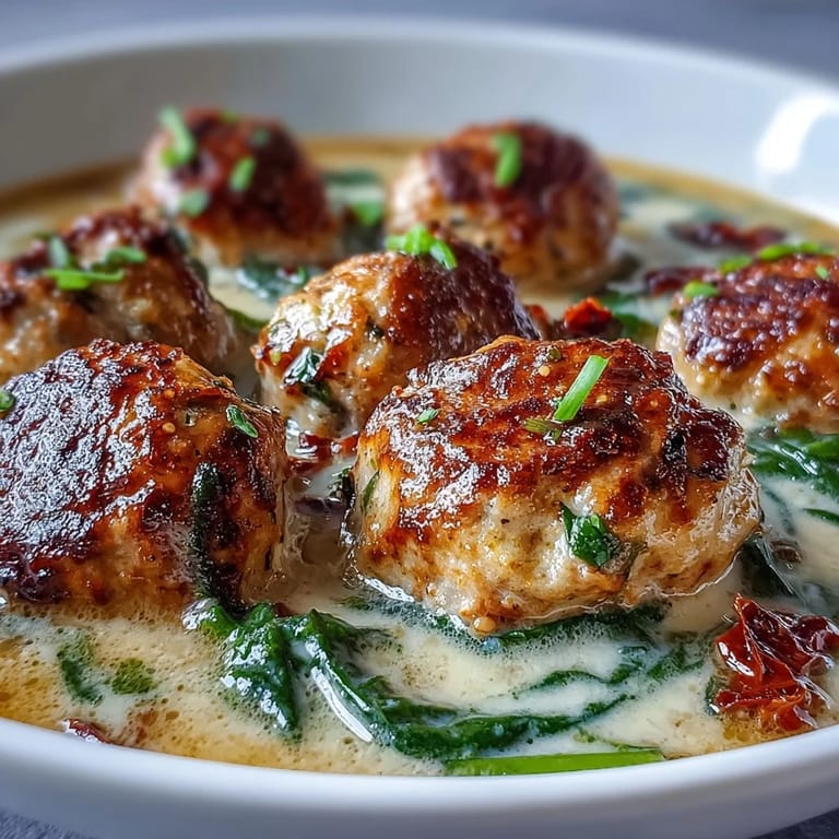 A close-up shows tender turkey meatballs, vibrant spinach, and sun-dried tomatoes in a rich Creamy Tuscan Turkey Meatball Soup.