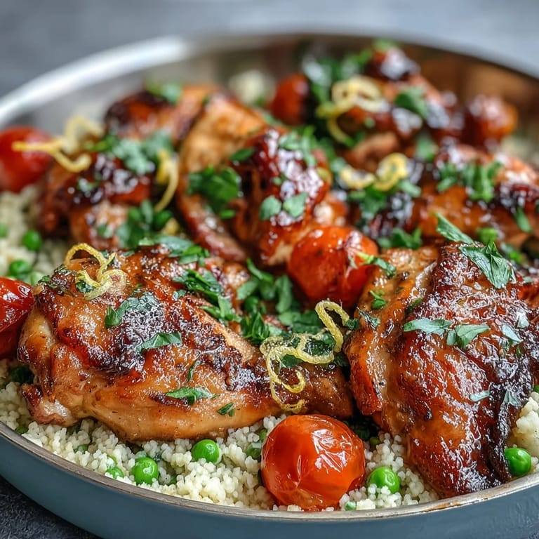 Mediterran gehobelter One-Pan Garlic Butter Chicken Couscous mit Zitronen-Petersilie und saftigen Hähnchenbrüsten aus der Pfanne.