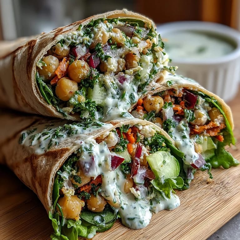 Four Vegan Lemon Tahini Chickpea Wraps sliced in half, revealing creamy chickpea filling and crisp greens inside whole wheat wraps.