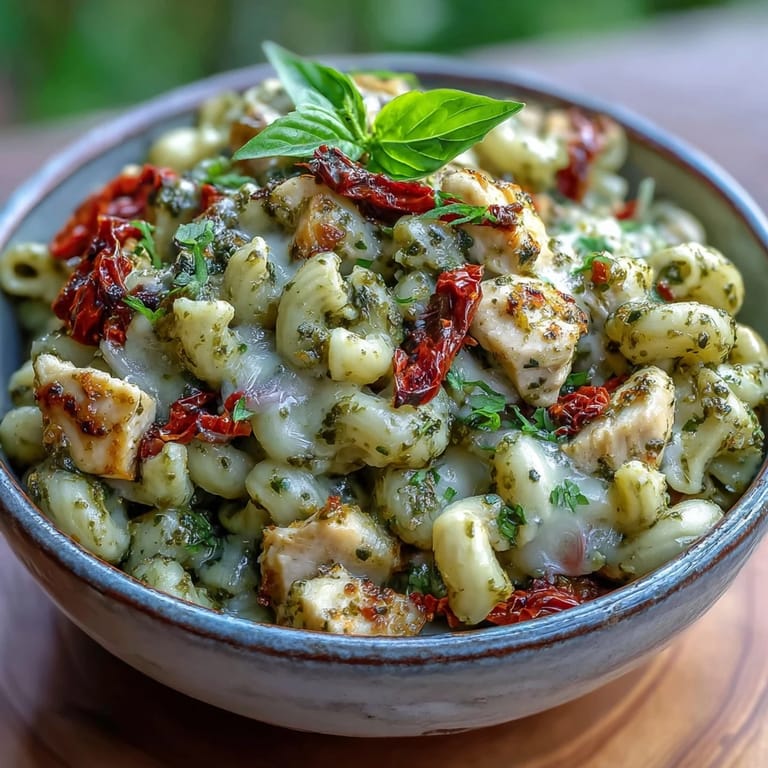 A skillet of Pesto Chicken Chili Mac ready to serve for family dinner.